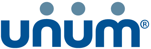 The image shows the UNUM logo with the company name in lowercase blue letters and three blue dots above the u, n, and u. The registered trademark symbol appears to the right.